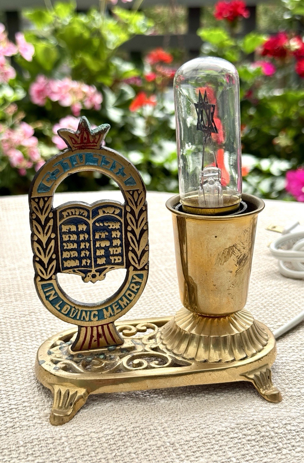 Rare Vintage Brass Yahrzeit Memorial Lamp Star of David Ten Commandments