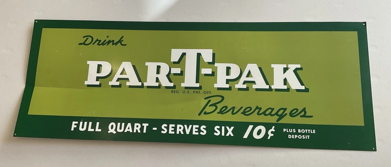 Vintage Large 33”x12” PAR-T-PAK Beverages Soda Pop Metal Sign 10 Cents