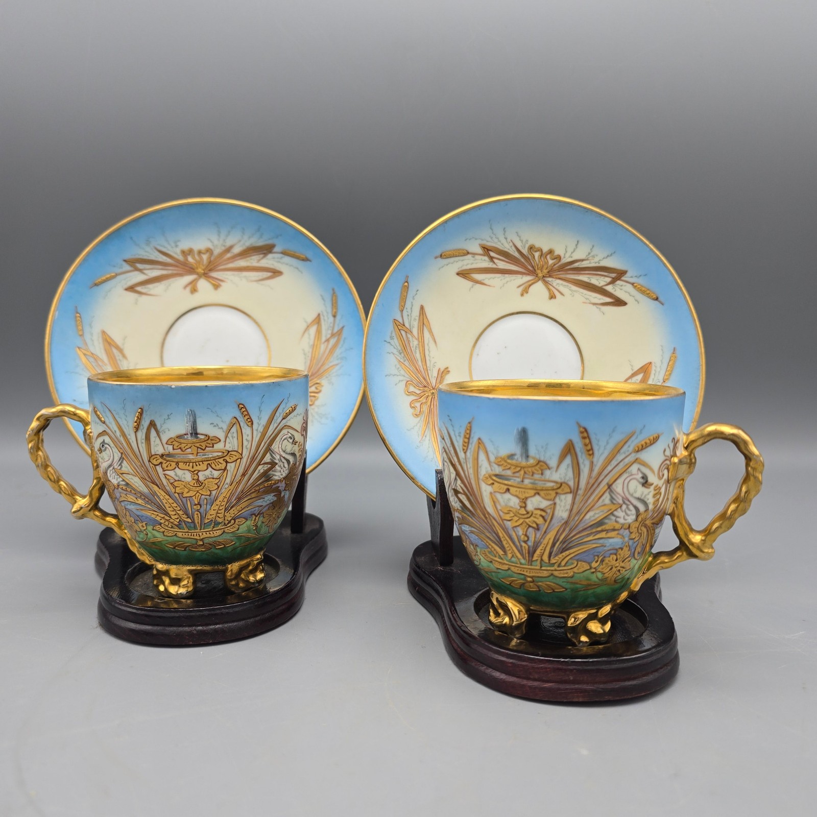 Pair Antique English or German Porcelain Cups & Saucers with Swans and Fountains Pair Antique English or German Porcelain Cups & Saucers with Swans and Fountains