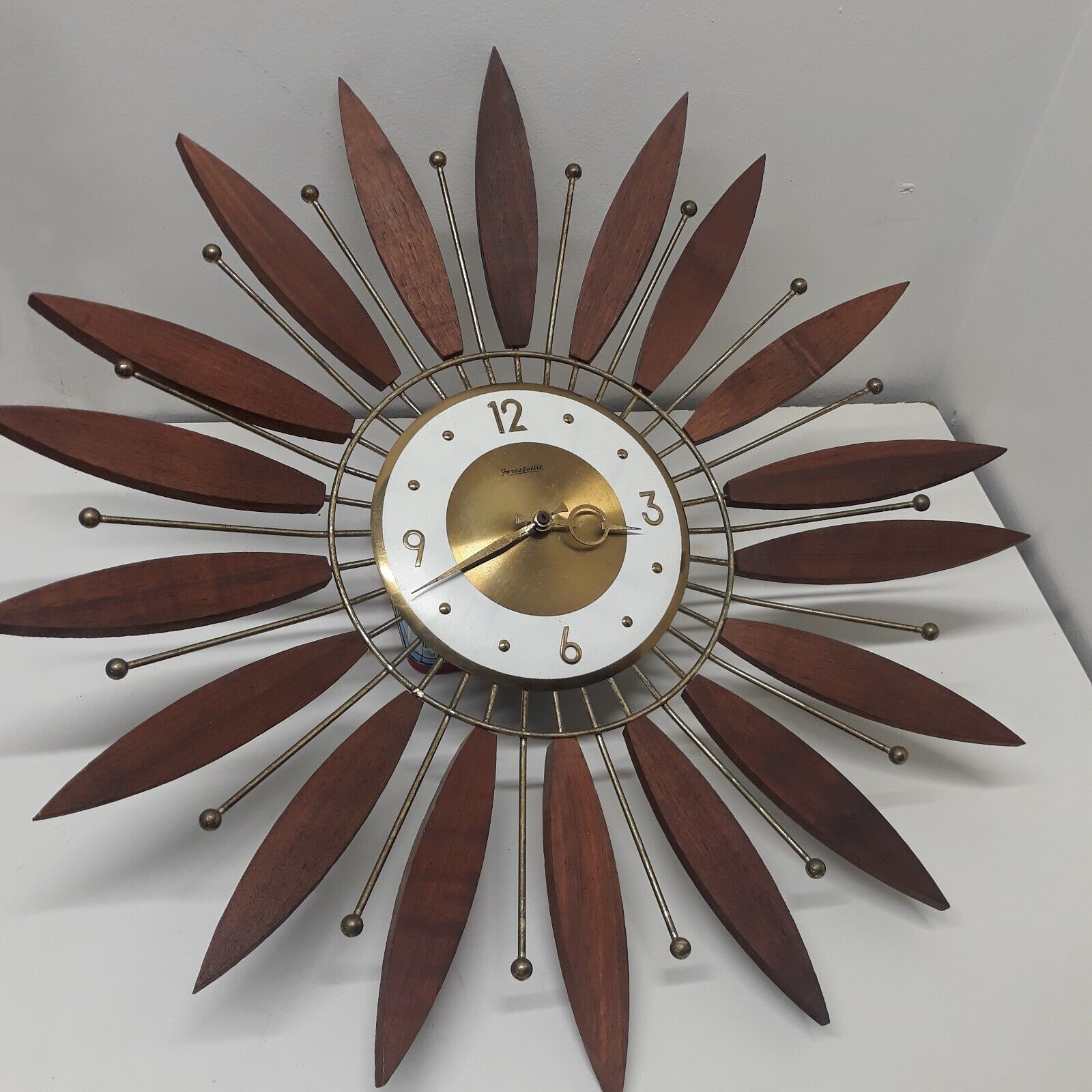 Vintage MCM FORESTVILLE Sunburst  Retro Wall Clock Wood And Brass 22\
