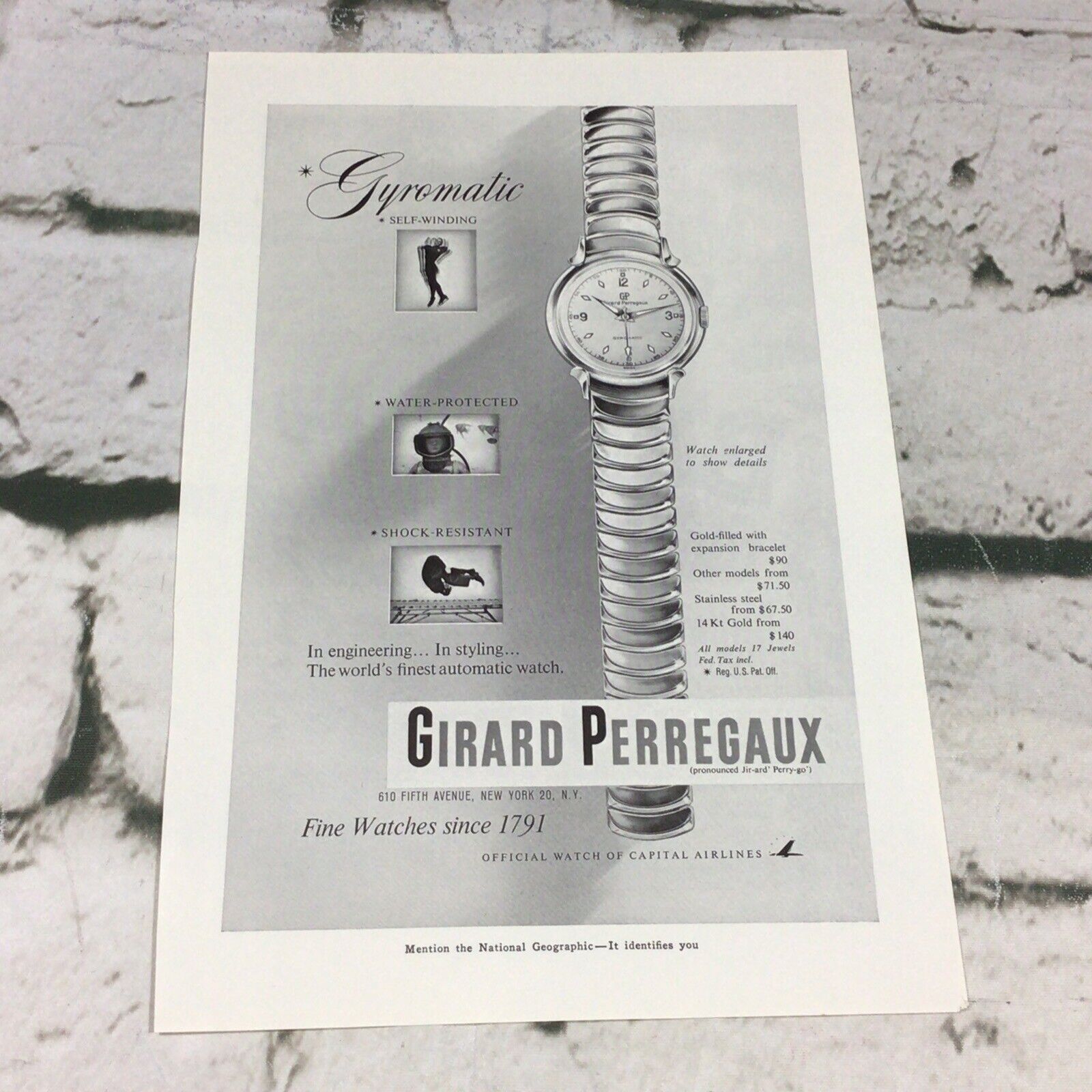 1953 Print Ad Girard Perregaux Gyromatic Wrist Watch Advertising Art