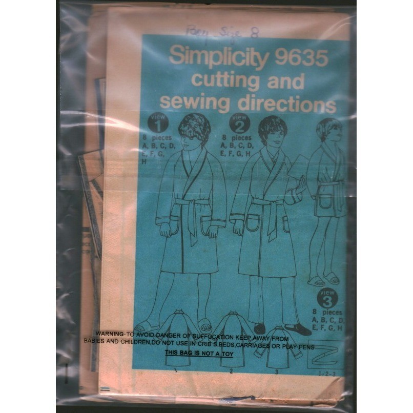 Vintage Simplicity 9635 Boys Robe Sewing Pattern Size 8 Shawl Collar Wrap 1970s