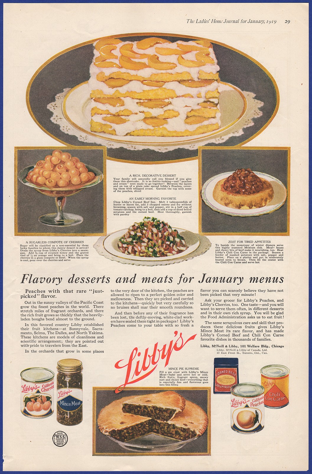 Vintage 1919 LIBBY\'S Mince Meat Pie Peaches Cherries Baking Ephemera Print Ad