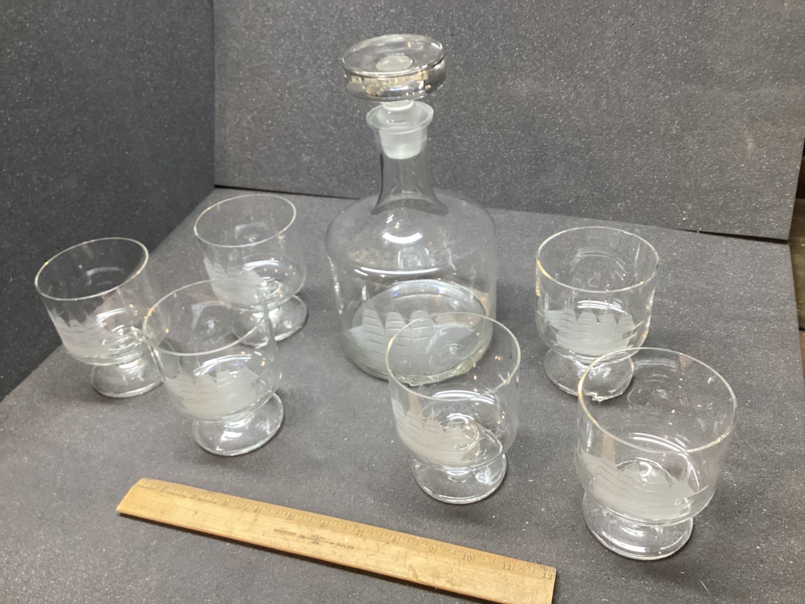 Vintage Toscany Clipper Decanter and Art Glasses Etched Ship Set Vintage Toscany Clipper Decanter and Art Glasses Etched Ship Set