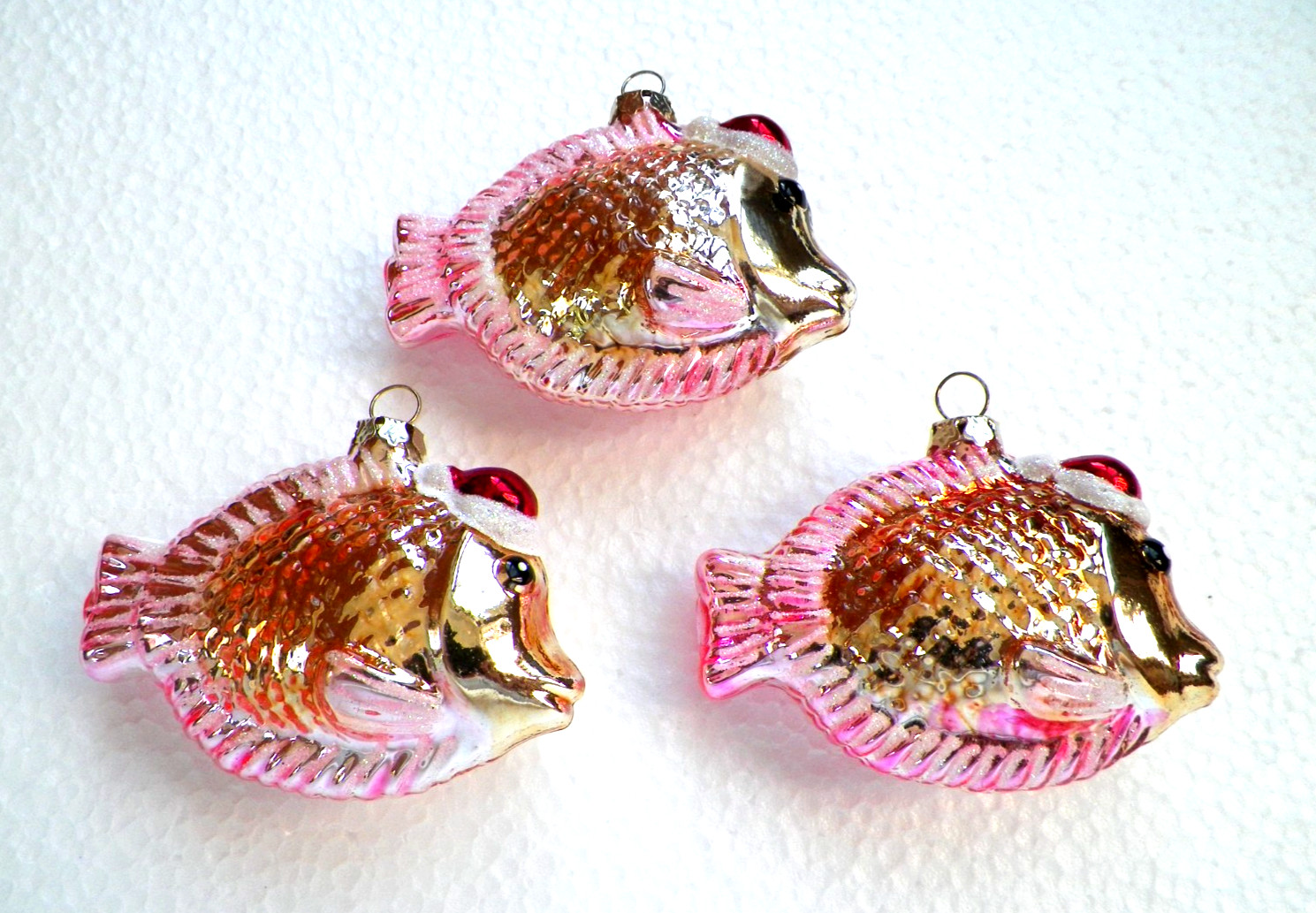 SET of 3 Mercury Glass NAUTICAL Coastal FISH with Festive SANTA HATS Ornaments