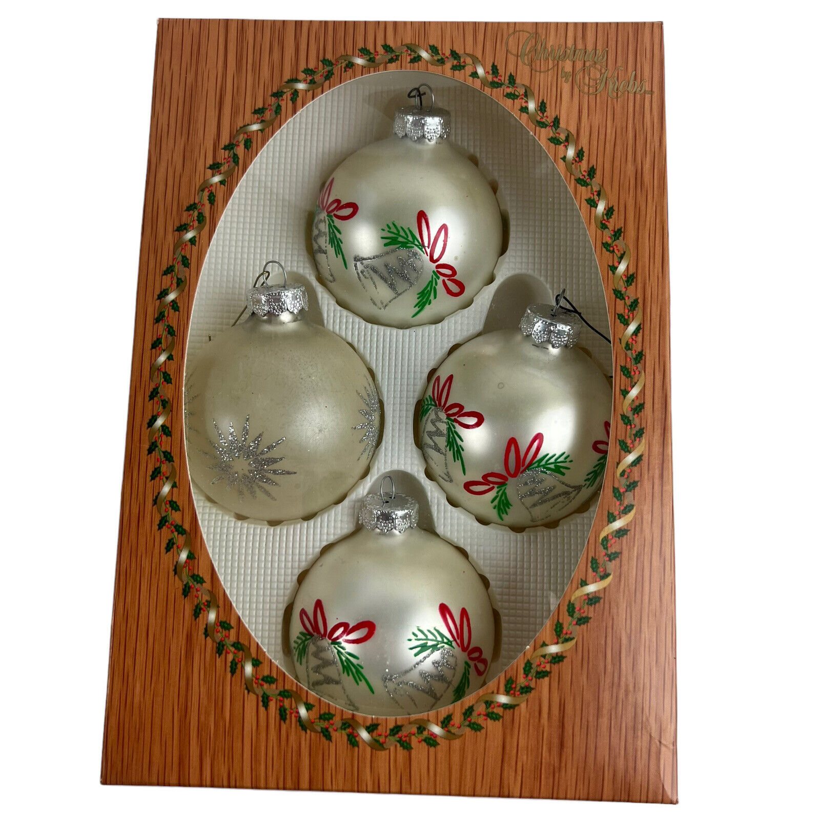 4 Vintage Christmas Tree Ornaments Starburst Glass Stenciled Glitter Krebs Rauch
