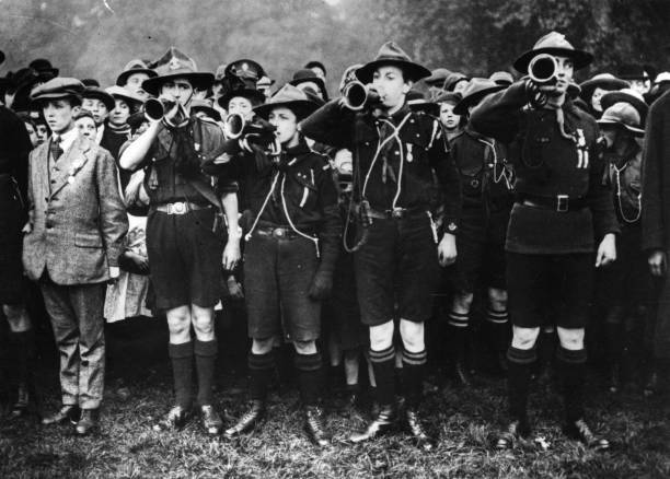 Boy Scout Old Photo - Bugling Boy Scouts gathered in Ravenscourt Park, where the