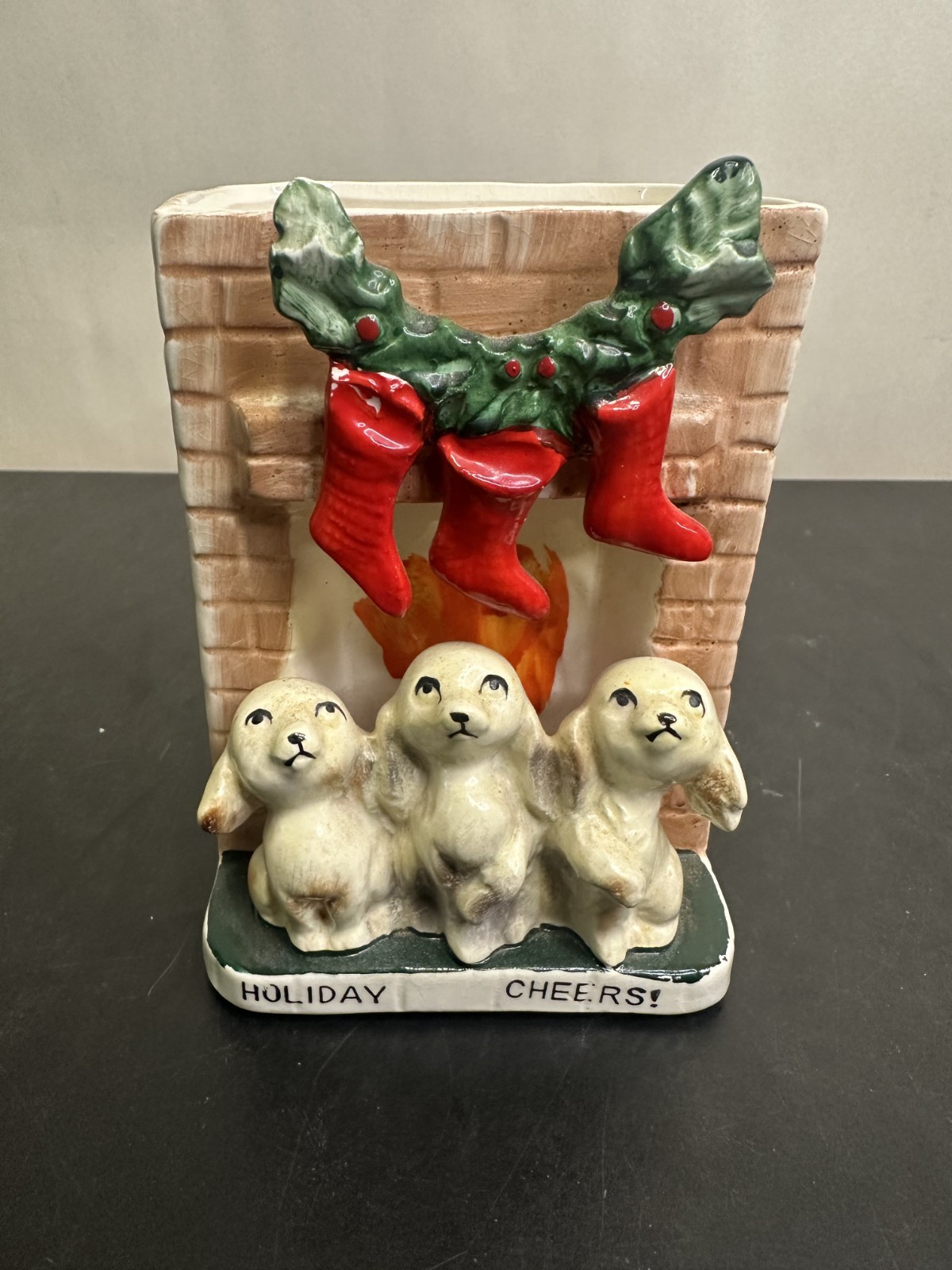 VTG 1950s Ucagco Ceramics Christmas Fireplace Planter 3 Puppies 