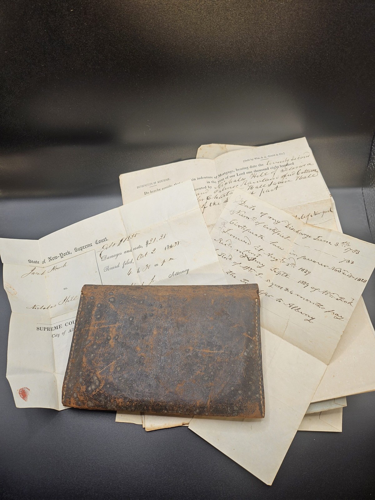 Antique Leather Wallet with receipts, signed court papers 1820\'s pre Civil War