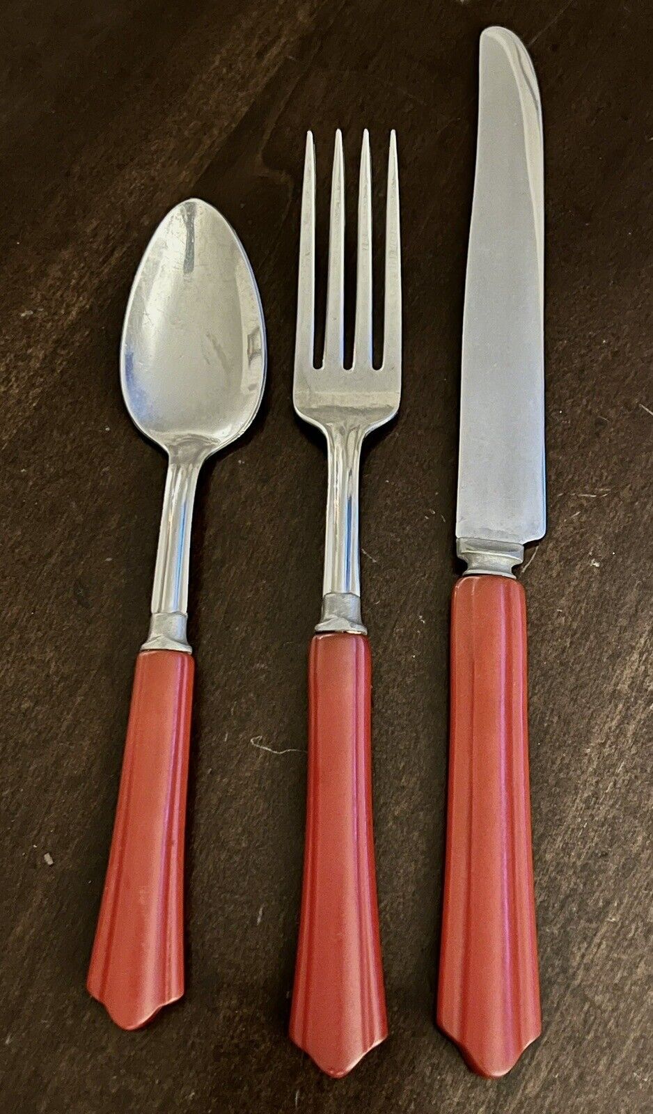Vtg Art Deco Red Bakelite N.S. Co. Quality SS Cutlery Knife Fork Spoon Flatware