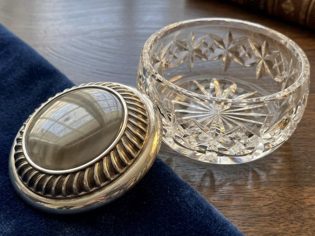 Rare Vtg Waterford Crystal Jewelry Box  Etched Logo Silverplate Lid Marked too