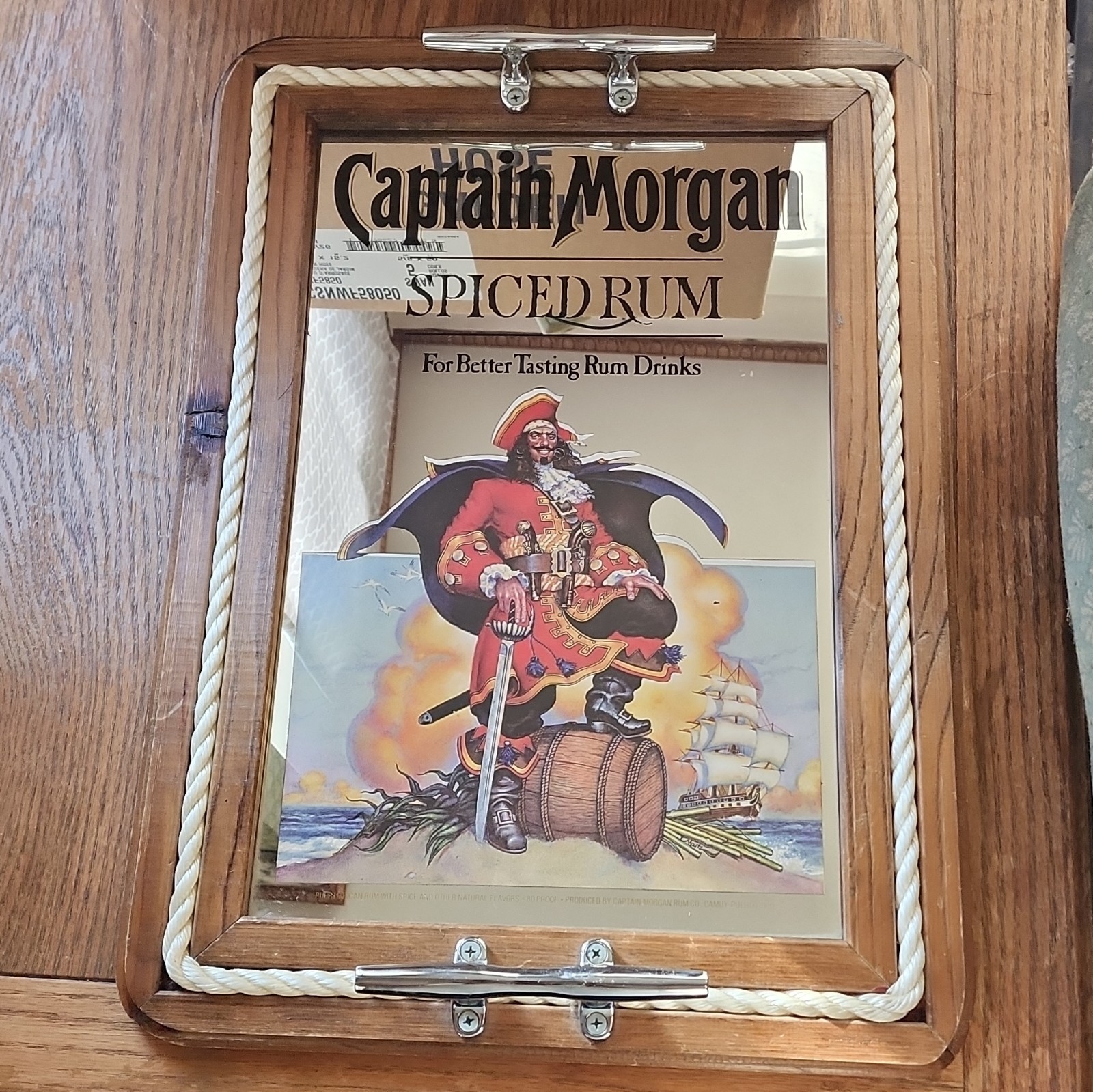 Captain Morgan Spiced Rum Mirror Drink Tray Sign vintage nautical rope cleats