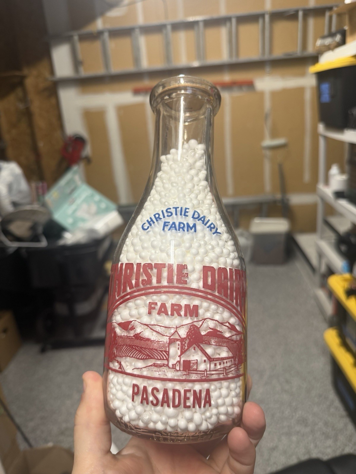 Rare Vintage Christie Dairy Farm Pasadena Milk Bottle TRPQ Pyro Red Blue 2 Color