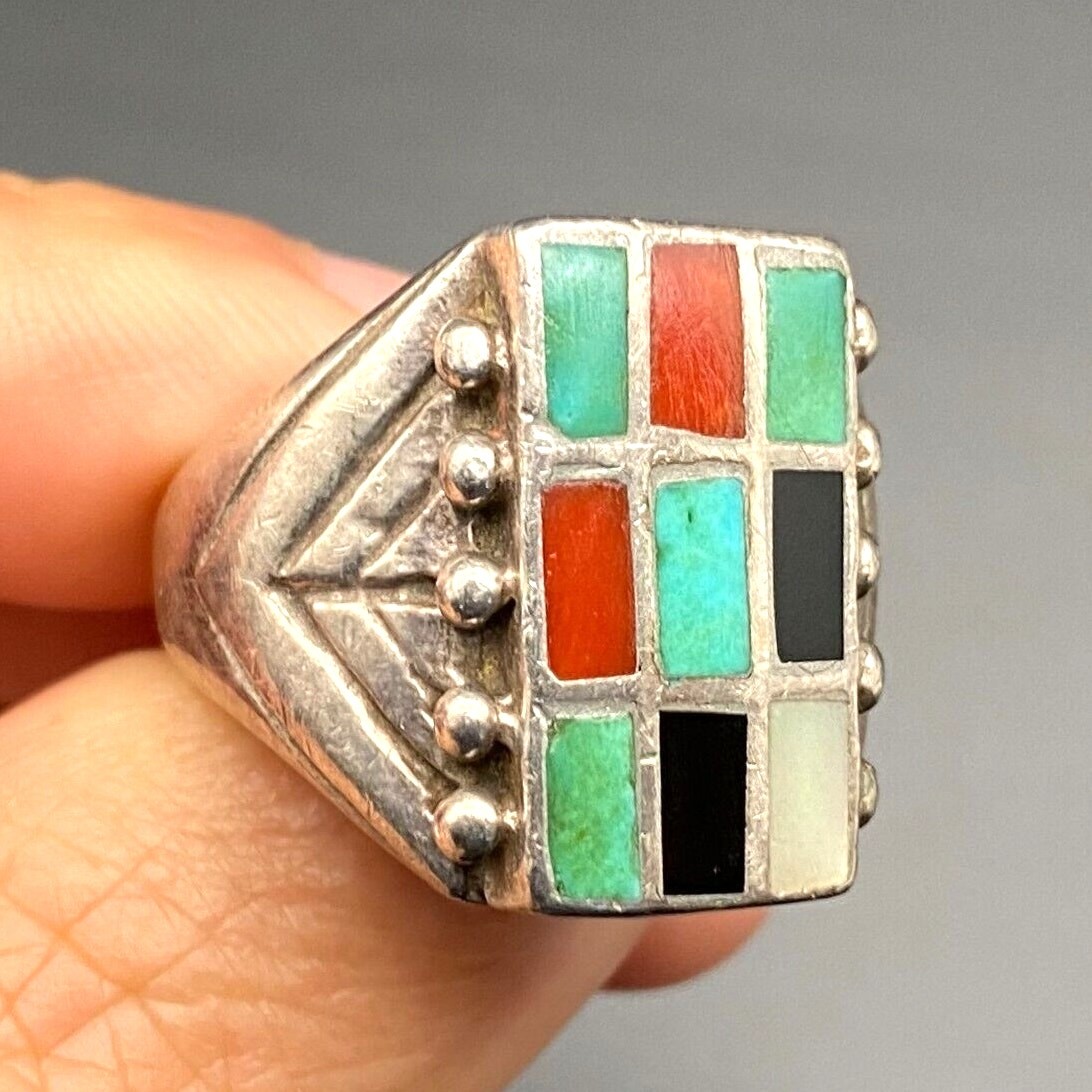 Vintage Southwestern Turquoise Coral MOP Silver Ring Size 9.75