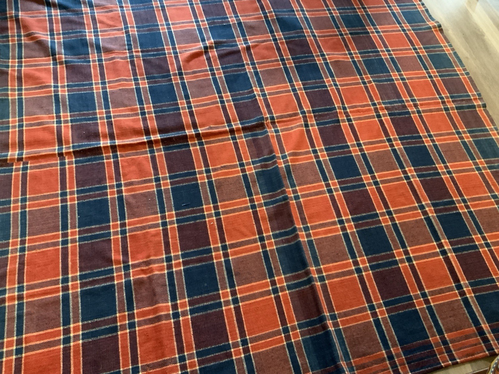 Antique Hand Woven Wool Blanket, Plaid, Late 1800’s, Center Seam, Blue, Salmon