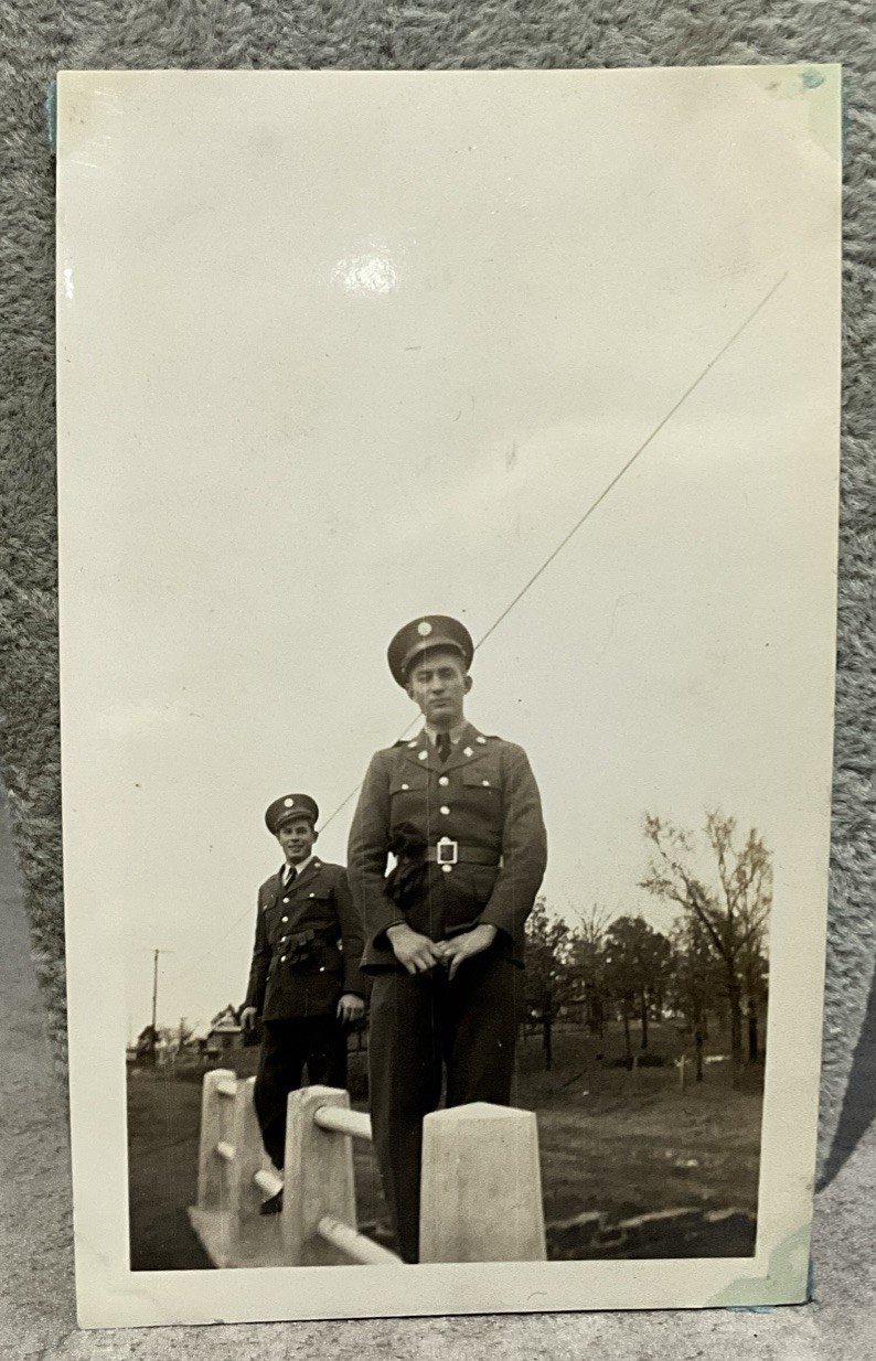1941 Photo Two US Army Soldiers in Uniform by Concrete Bridge Railing