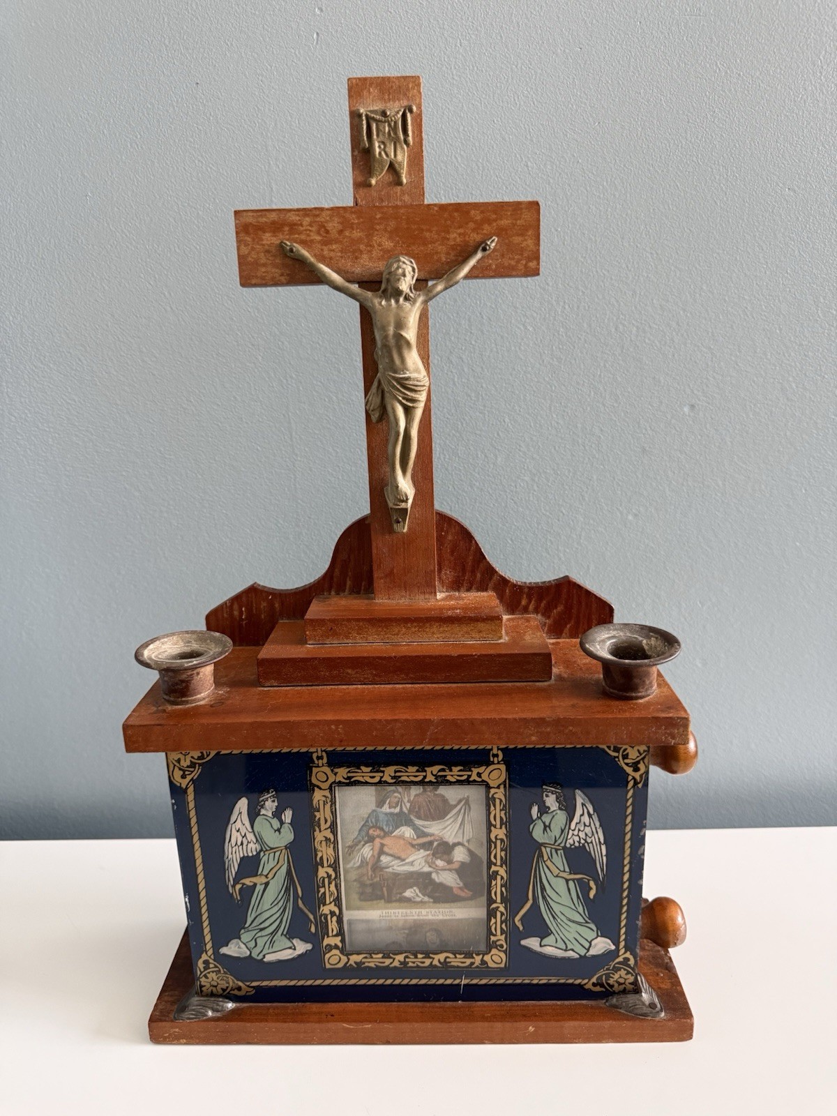 Antique Last Rites Sick Call Set Crucifix 12 Stations of the Cross Wall Altar