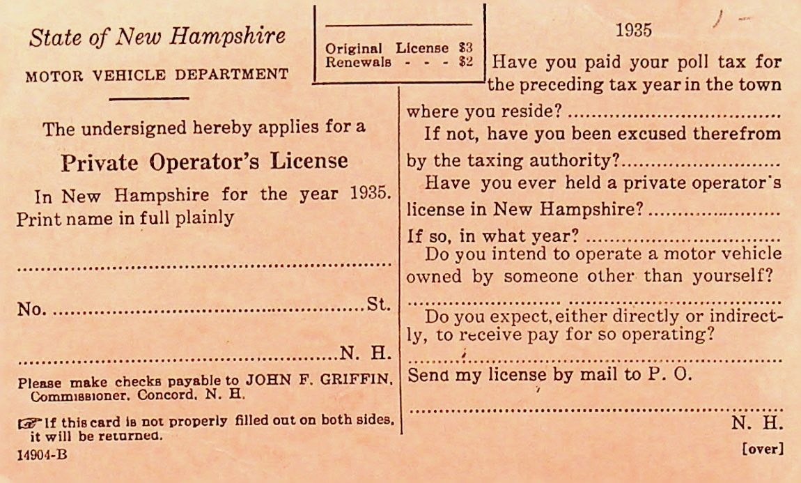 1935 New Hampshire Driver \'s License Application Form - OO-44