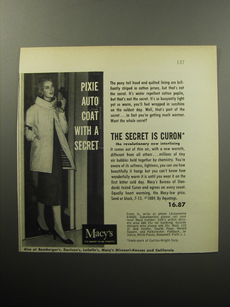 1957 Macy's Pixie Auto Coat Advertisement - Pixie Auto Coat with a secret