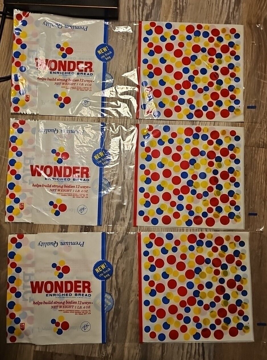 Lot of 3 Unused Vintage Wonder Bread Bags .29 Cents Bag With New Sta-Fresh Bag.