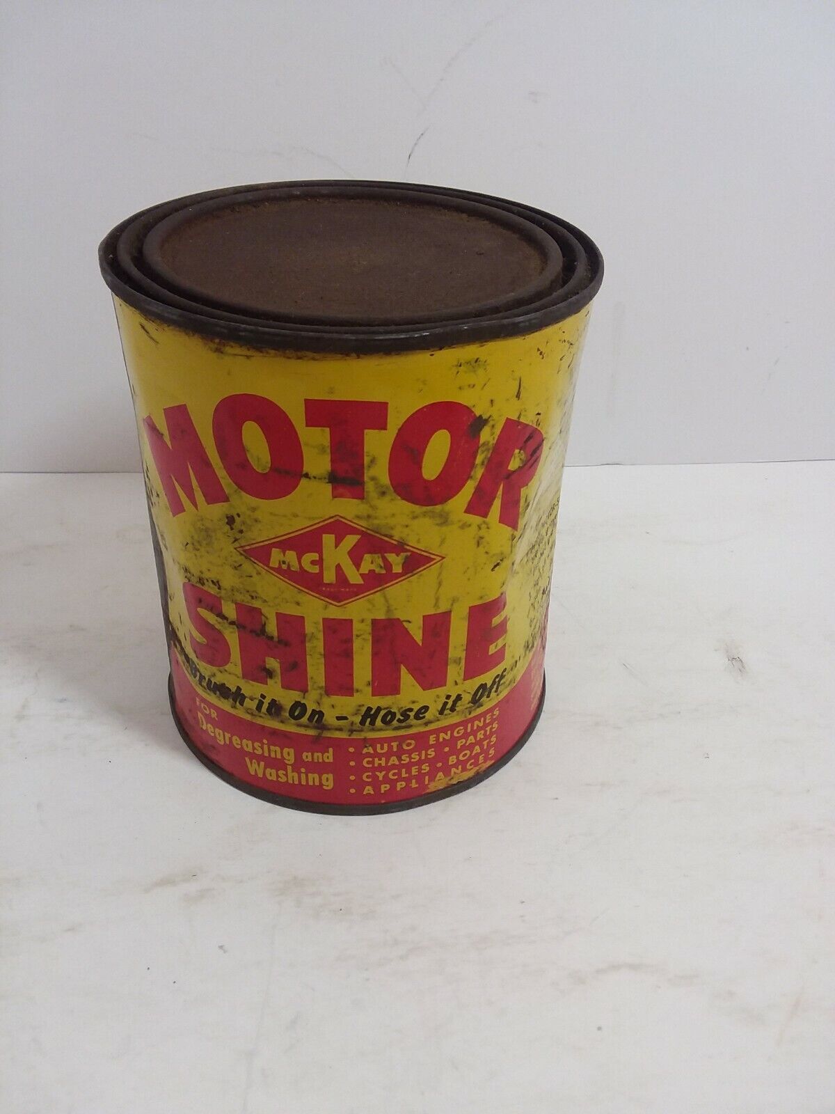 Vintage Motor Shine McKay Degreaser Can Oil Can has some in it 