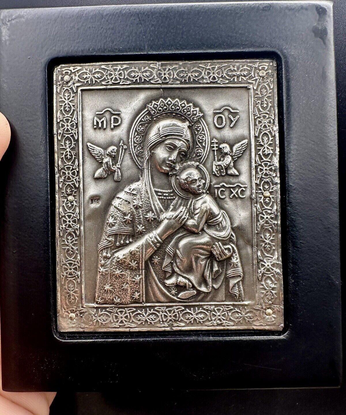 Vintage 950 Silver Clad Wood Greek Icon Black Frame Handmade Greece Mary & Child
