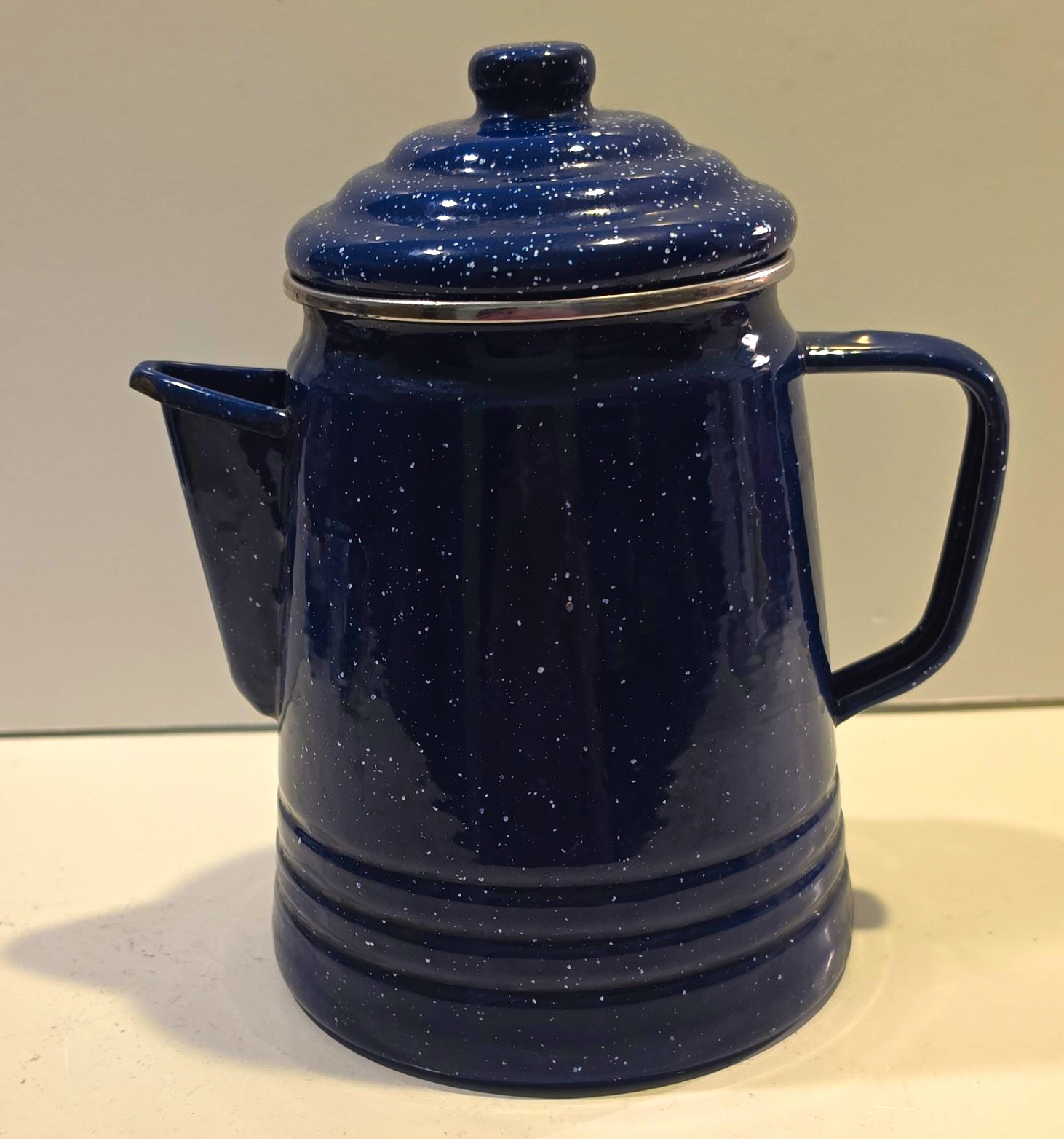 Blue Speckled Vintage Coffee Pot/Percolator w/ Lid Shiny Metal