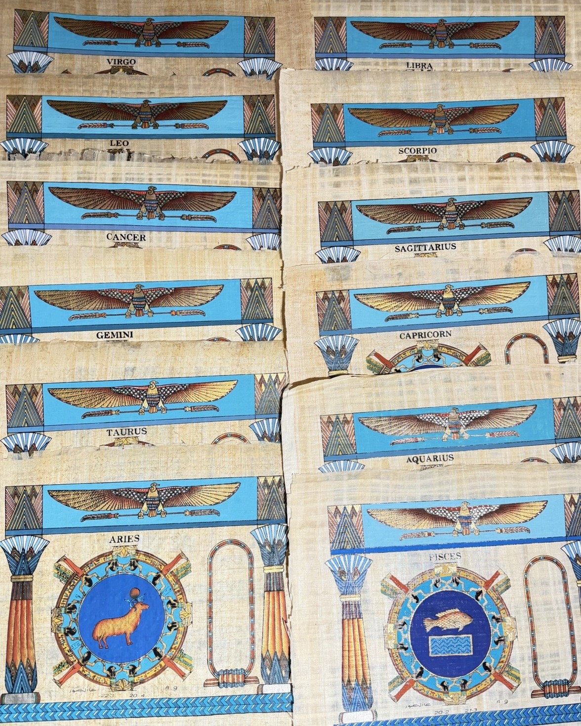 Egyptian Papyrus Zodiac Paintings 12 Complete Set 17x13 Horoscope Astrology