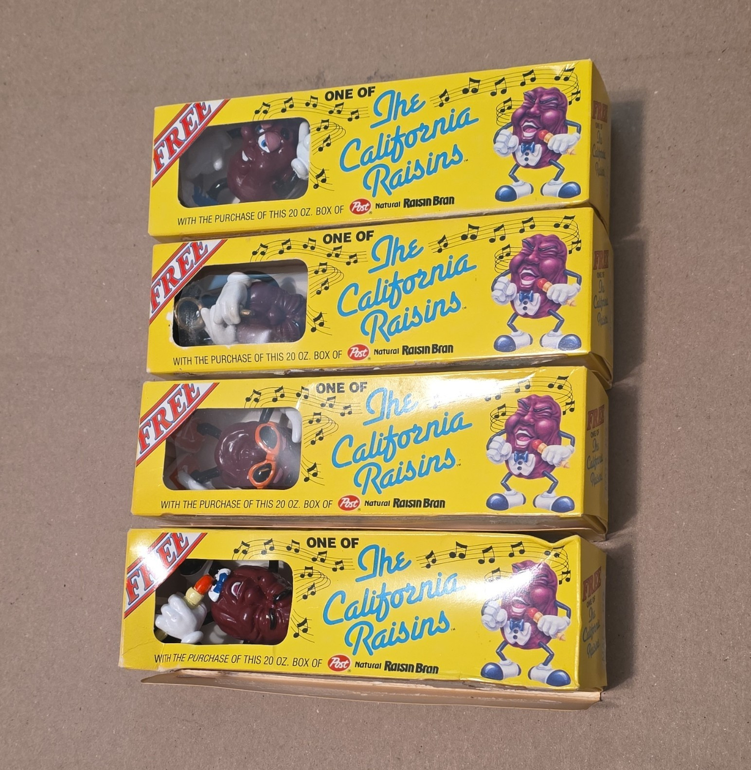 Post Raisin Bran California Raisins Promo Figure Boxes Lot of 4 (20 oz Offer)