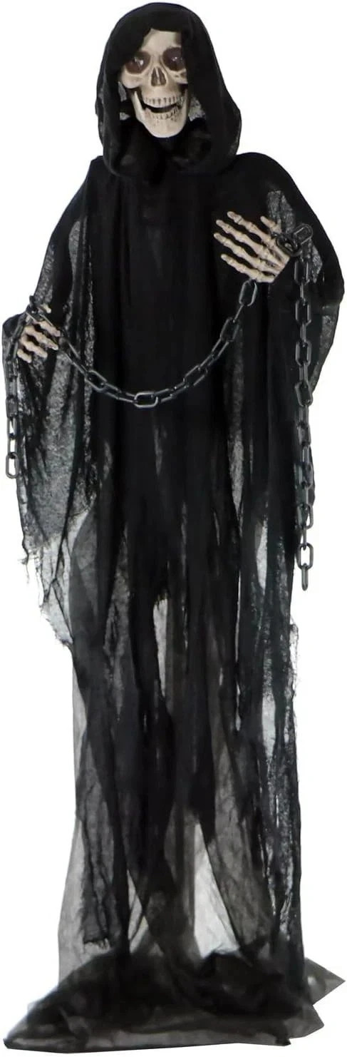 Haunted Hill Farm Life-Size Scary Grim Reaper with Chain, Halloween Animatronic Haunted Hill Farm Life-Size Scary Grim Reaper with Chain, Halloween Animatronic