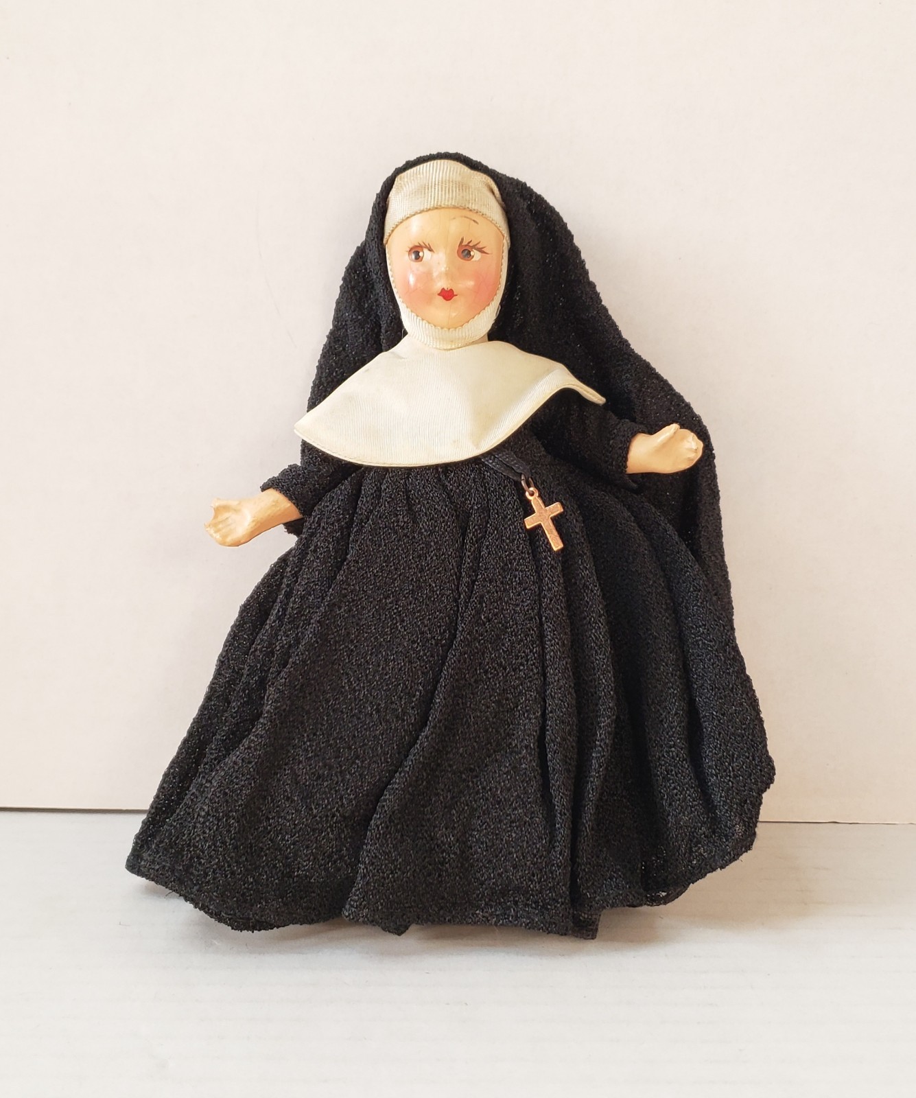 Vintage 1940s Composition Nun Doll Custom Crepe Habit Full Wimple Pectoral Cross