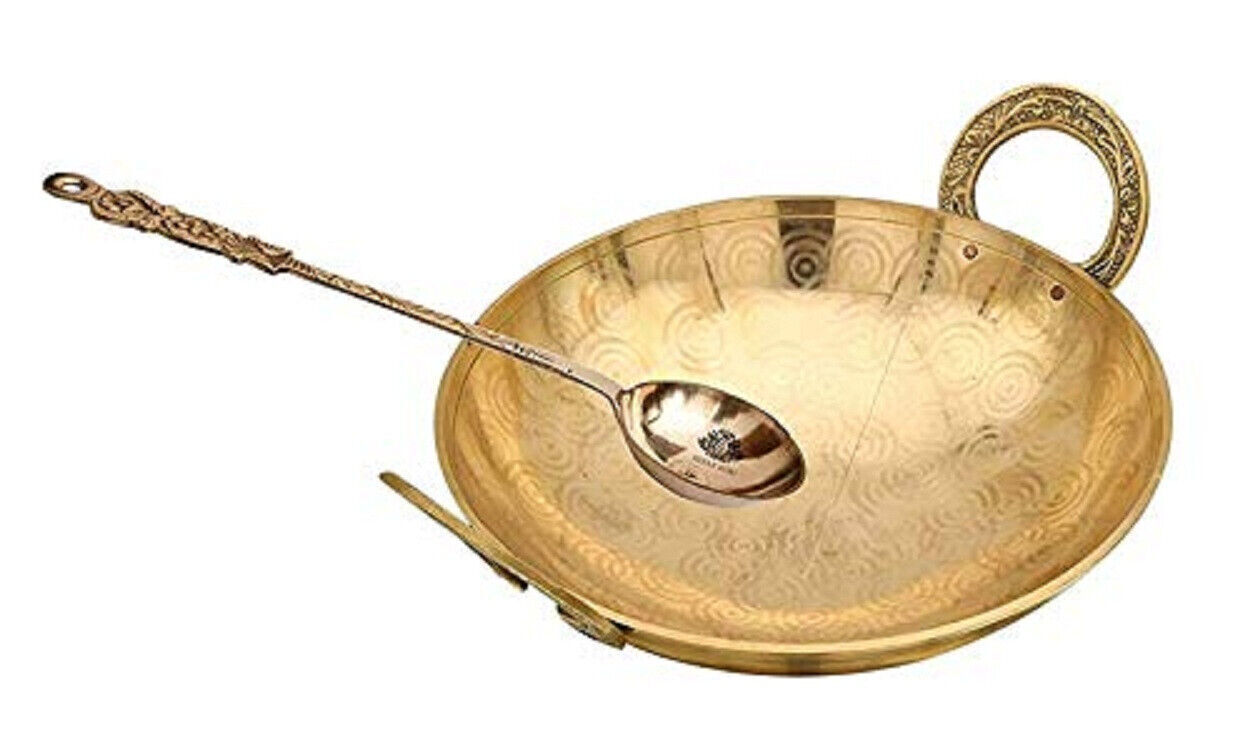 Simple Brass Pital Serving Kadhai Cookware With Embossed Brass Spoon 1500 ML