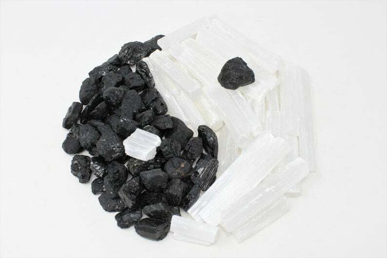 Black Tourmaline and Selenite 1 - 2 LBS combo - Bulk Crystal Protection Grid