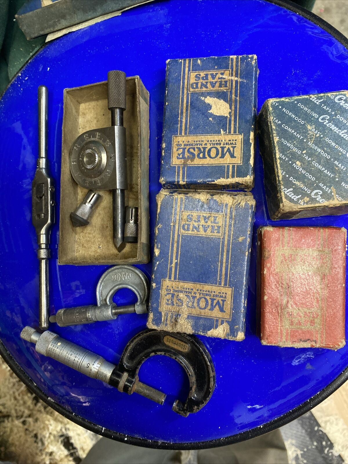 vintage machinist tool Lot ,,, Micrometers , Tachometer N Assortment Of Hand Tap