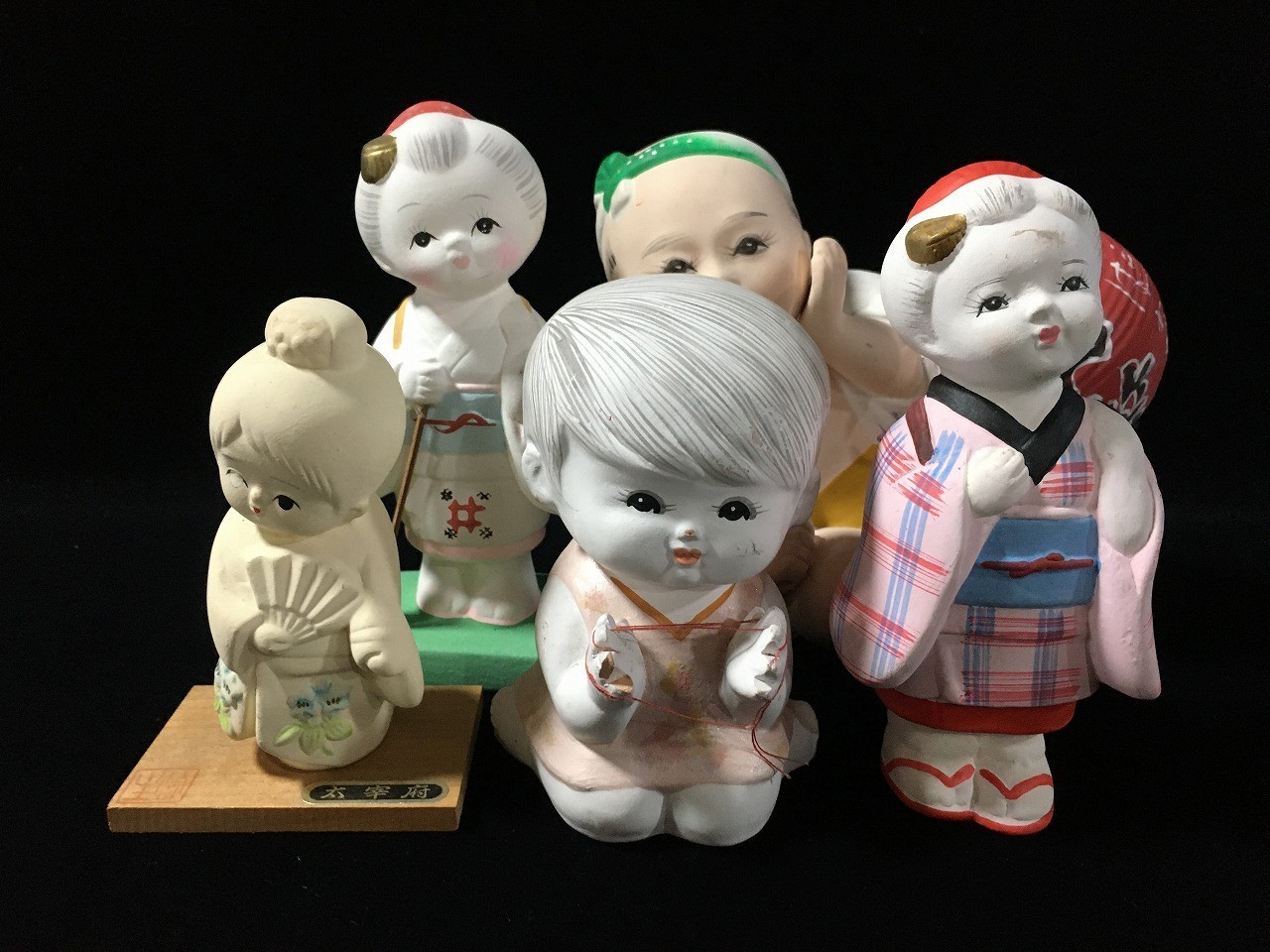 S1021 Vintage Japanese Hakata Clay Dolls Cute Kimono Geisha Boy Girl Set 5pc