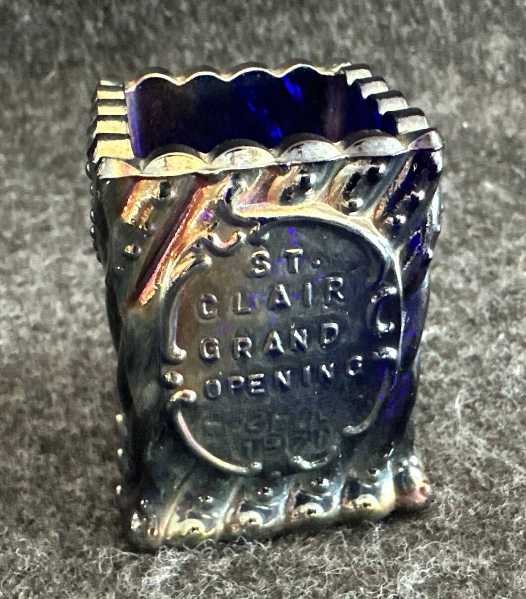 1971 St Clair Cobalt Blue Carnival Glass Toothpick Holder GRAND OPENING Souvenir