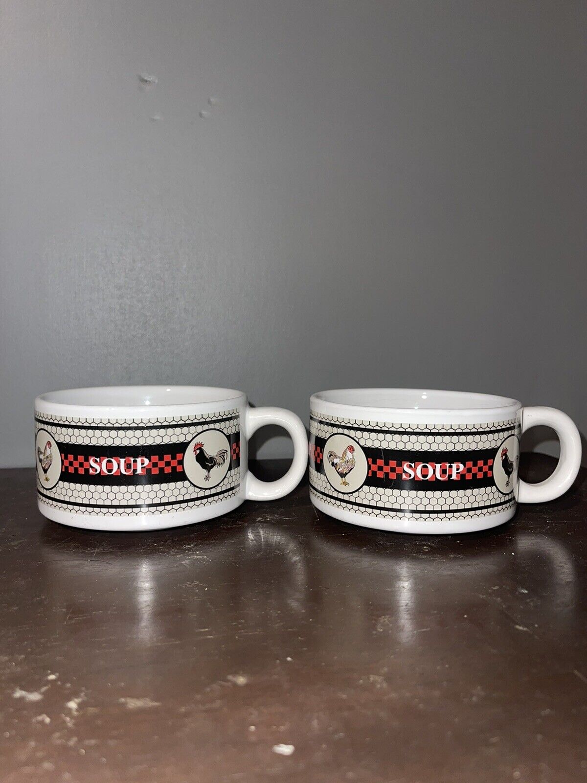 Set of 2 ~  Houston Harvest Rooster & Chicken Soup Mug Bowl Cup Coop ~ 4