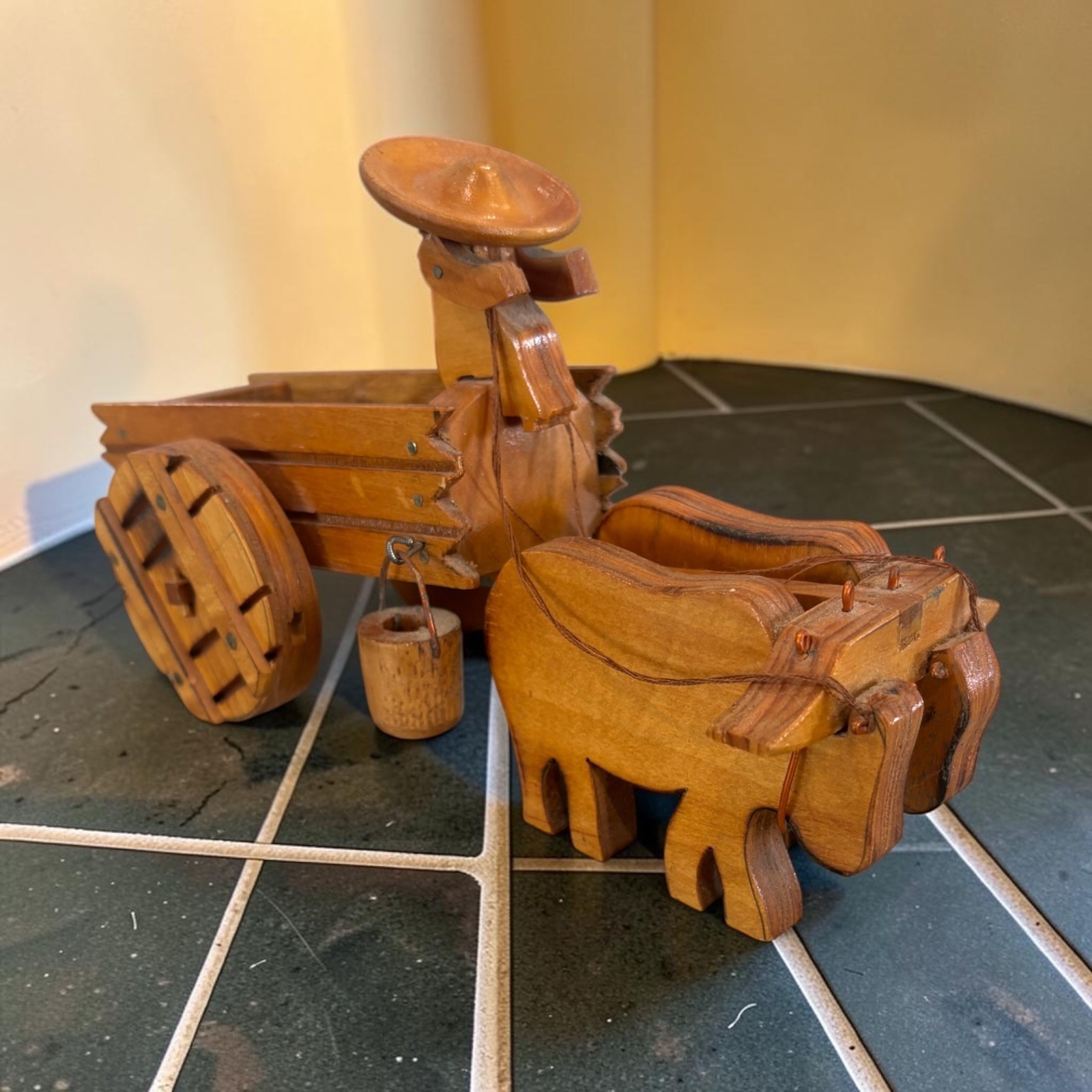 Vintage Rare Wooden Handcrafted Traditional Bullock Cart Figurine Very Detailed