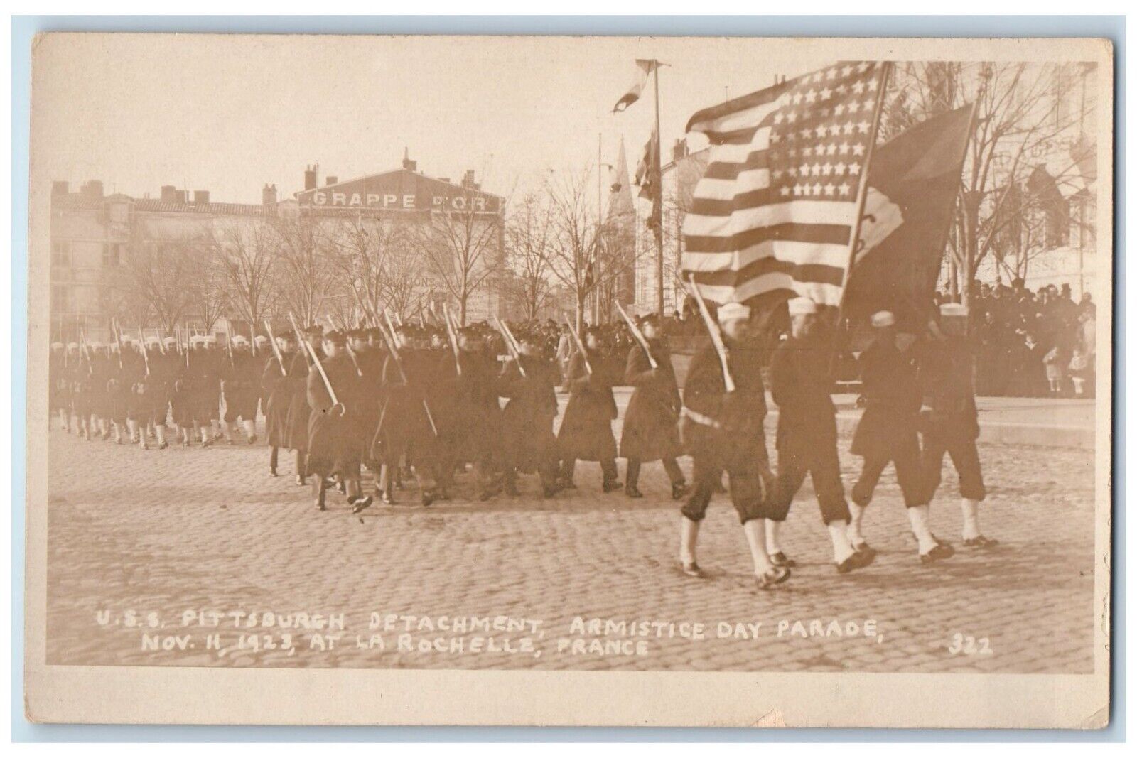 1923 USS Pittsburgh Armistice Parade La Rochelle France RPPC Photo Postcard