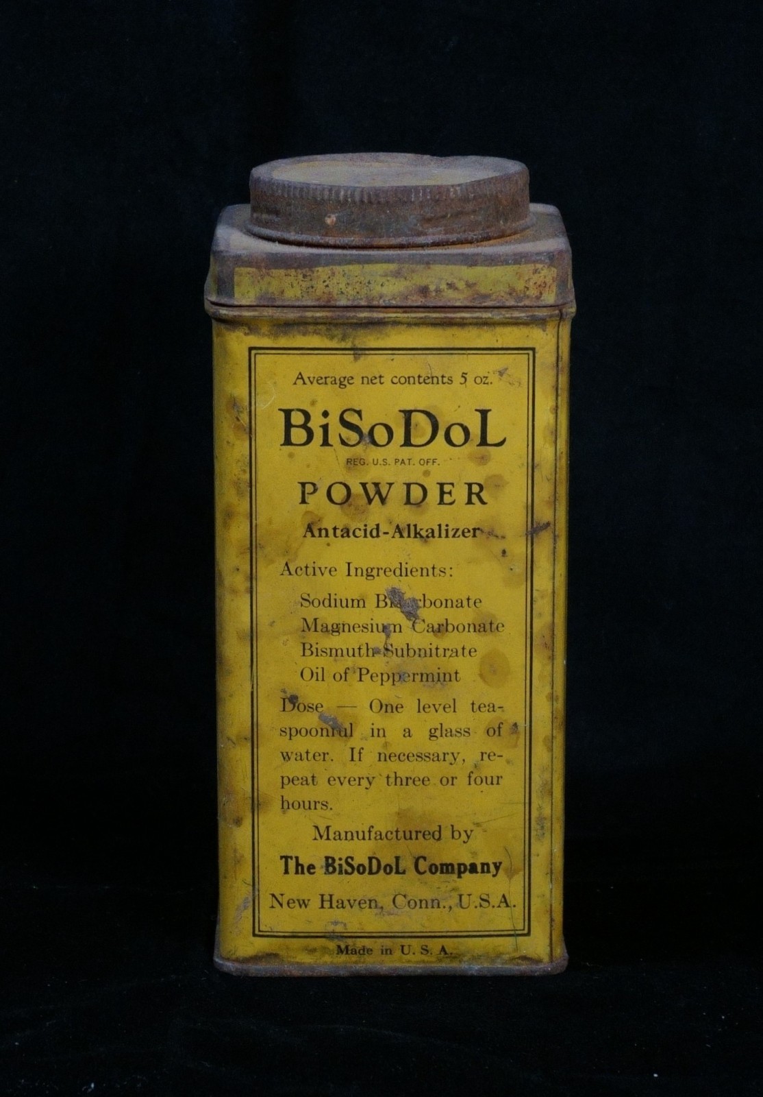 Vintage BiSoDoL Powder Tin Yellow & Blue Antacid Medicine Container HTF (R4)