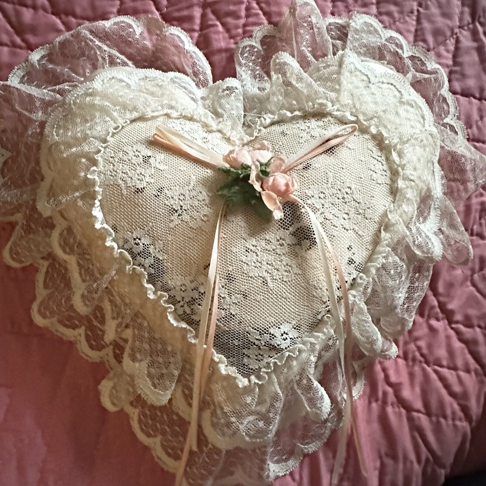 Antique Vintage Lace & Roses Boudoir Heart Pillow Wedding Heirloom Pink 10”