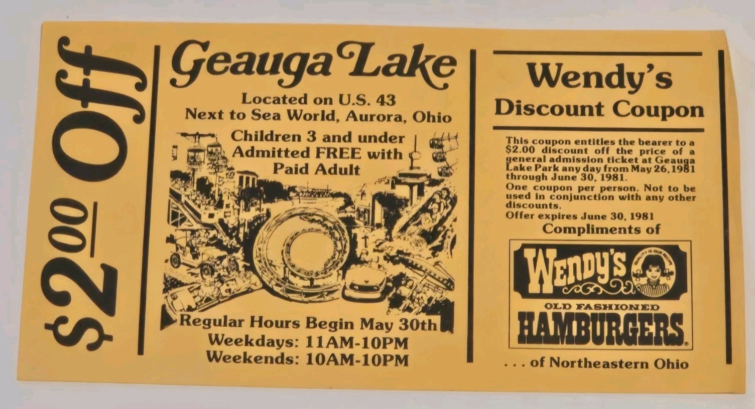 VTG 1981 Geauga Lake $2 Off  Yellow Admission Coupon Wendy\'s Ohio Amusement Park