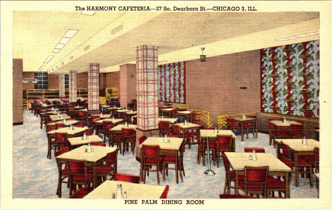 Harmony Cafeterias, CHICAGO, Illinois Linen Advertising Postcard - Curt Teich