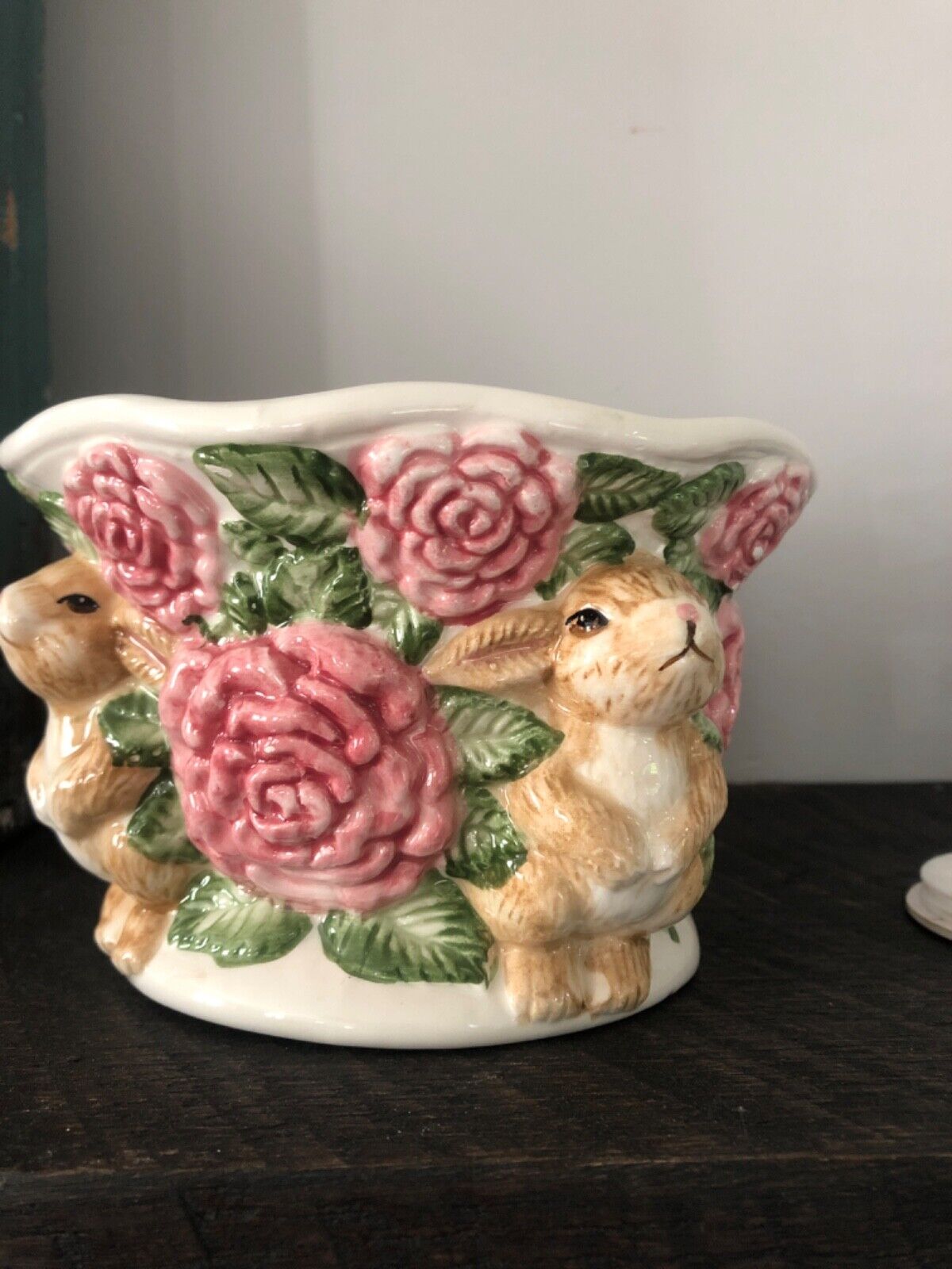 Ceramic Planter Bunnies  Rabbit &  Pink Flowers in Relief  4” h x  6” w Caffco 