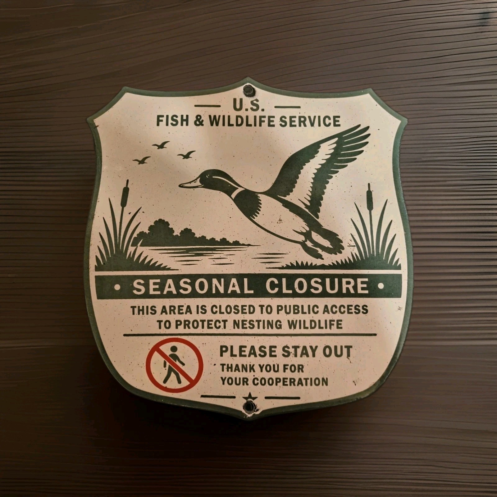 Vintage US Fish Wildlife Refuge Porcelain Sign Seasonal Closure Protect Nesting