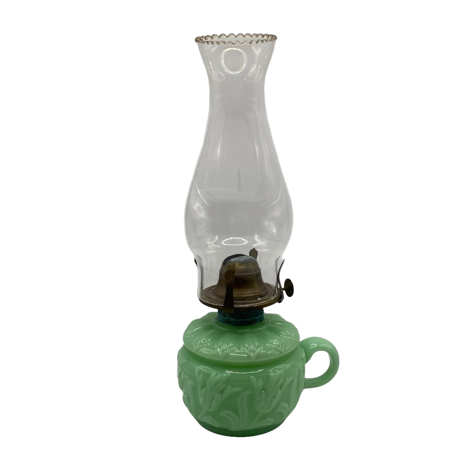 Vintage Jadeite Green Milk Glass Handled Oil Lamp Floral Design Farmhouse Decor