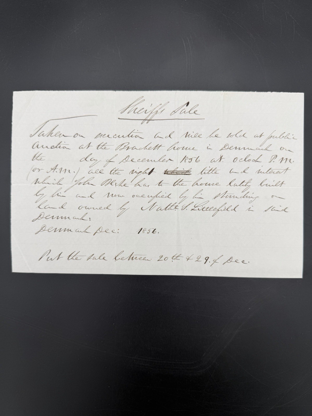 Antique 1856 Sheriff's Sale Manuscript Legal Document Denmark Maine John Blake