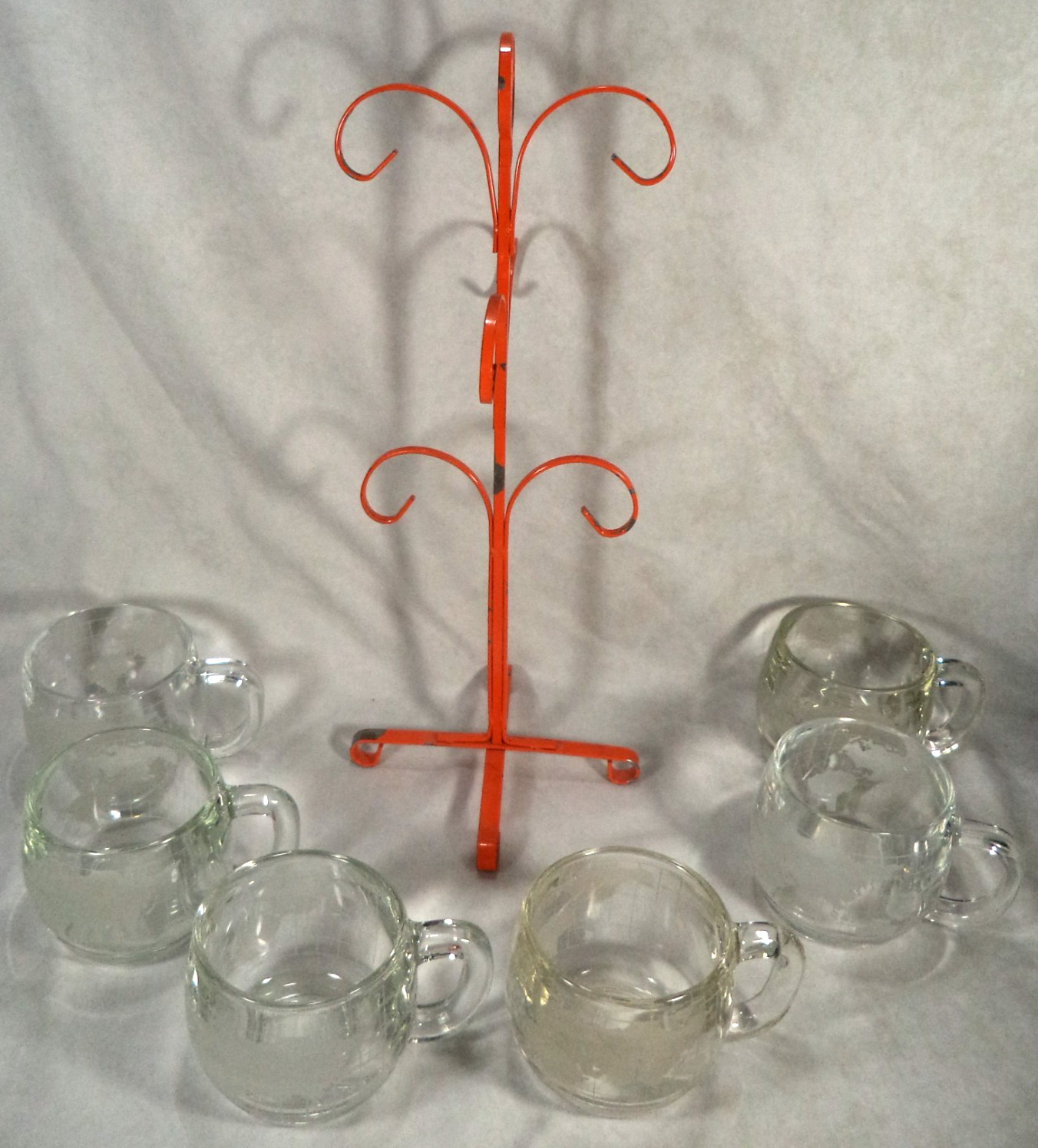 Vintage Nestlé Nescafe World Globe Glass Mug Set with Orange Metal Mug Tree 70s
