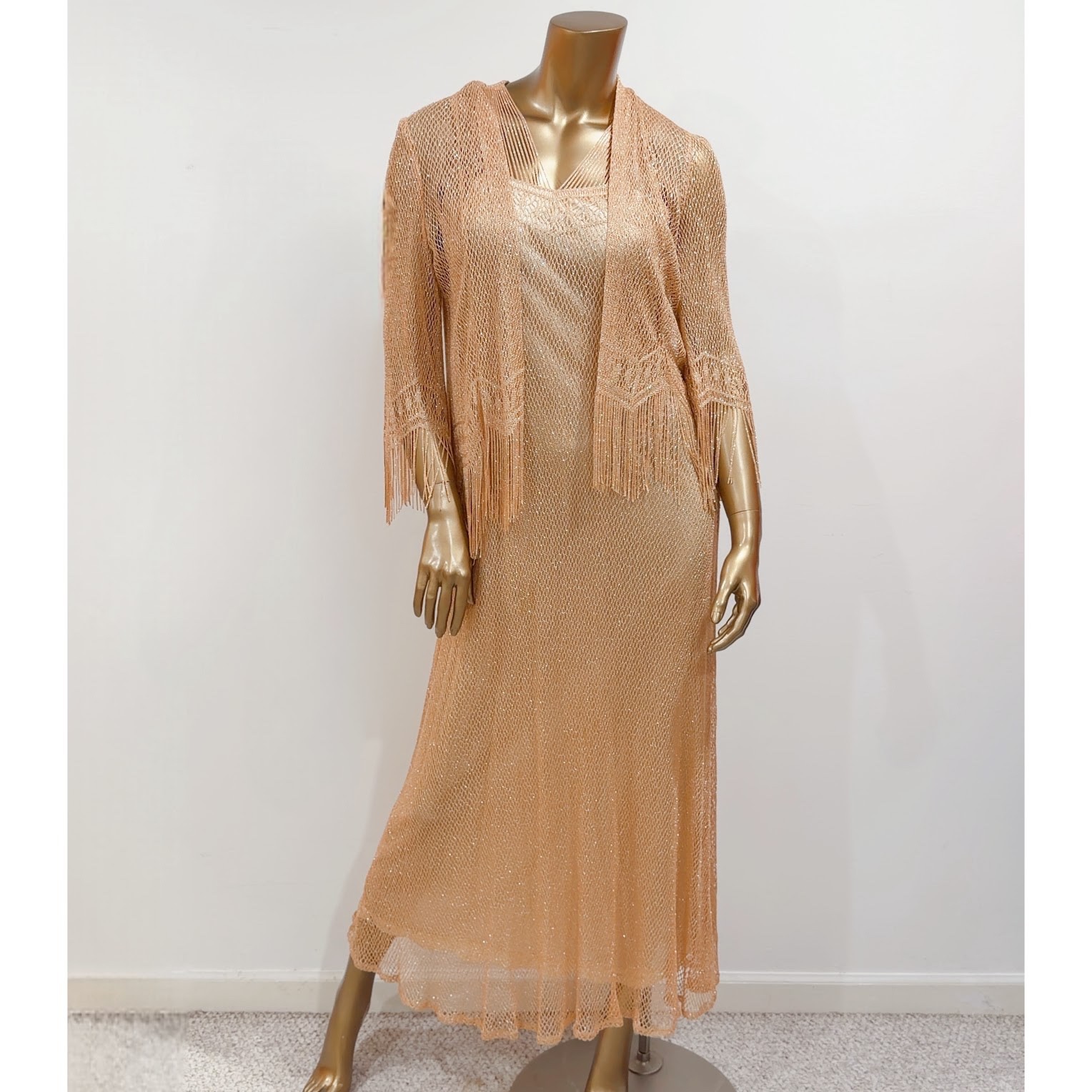 Vintage 2 PC Damianou Gold Shimmer Sheer Fringe Evening Dress & Jacket Size S