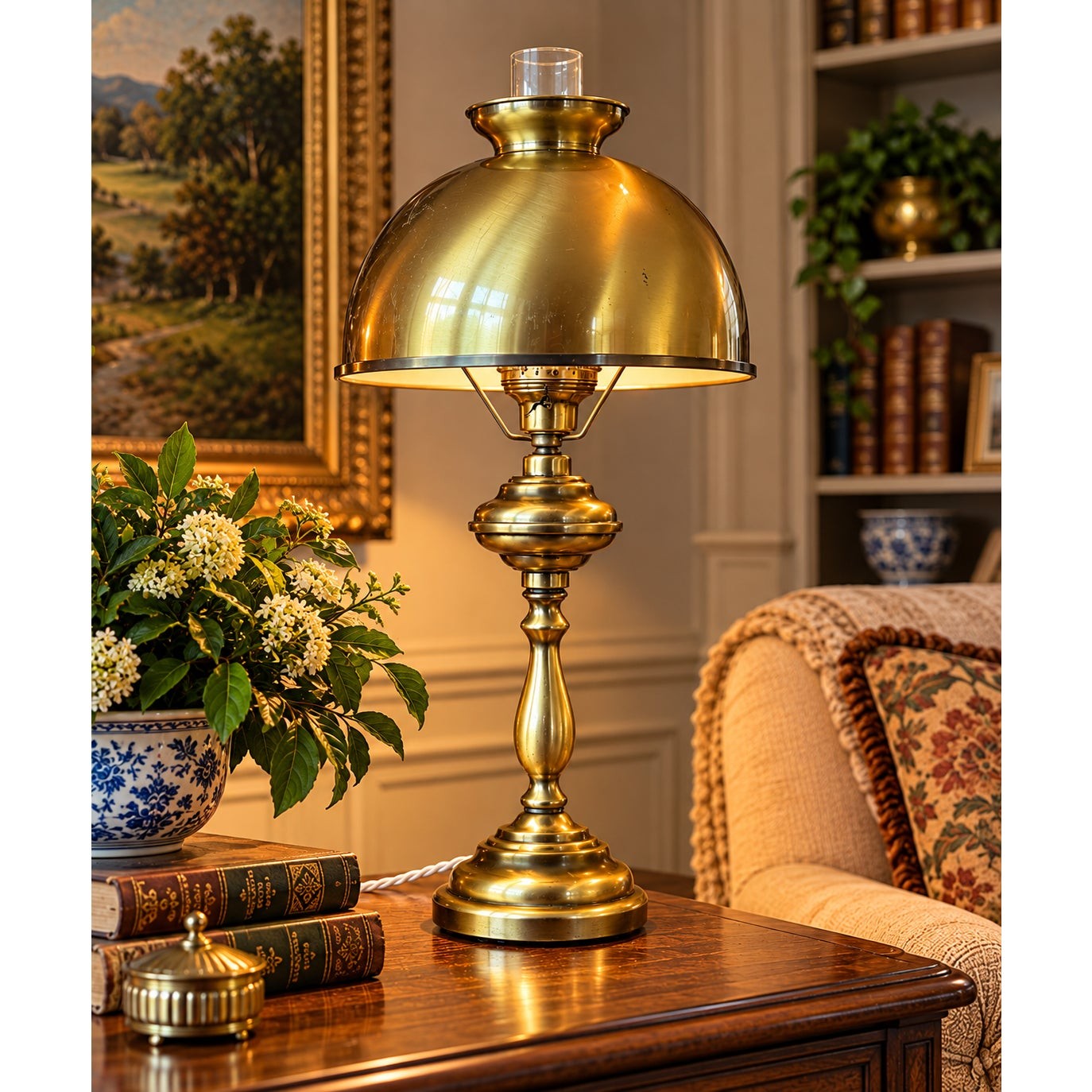 Vintage Solid Brass Student Table Lamp 28 Inch Dome Shade Library Desk Light